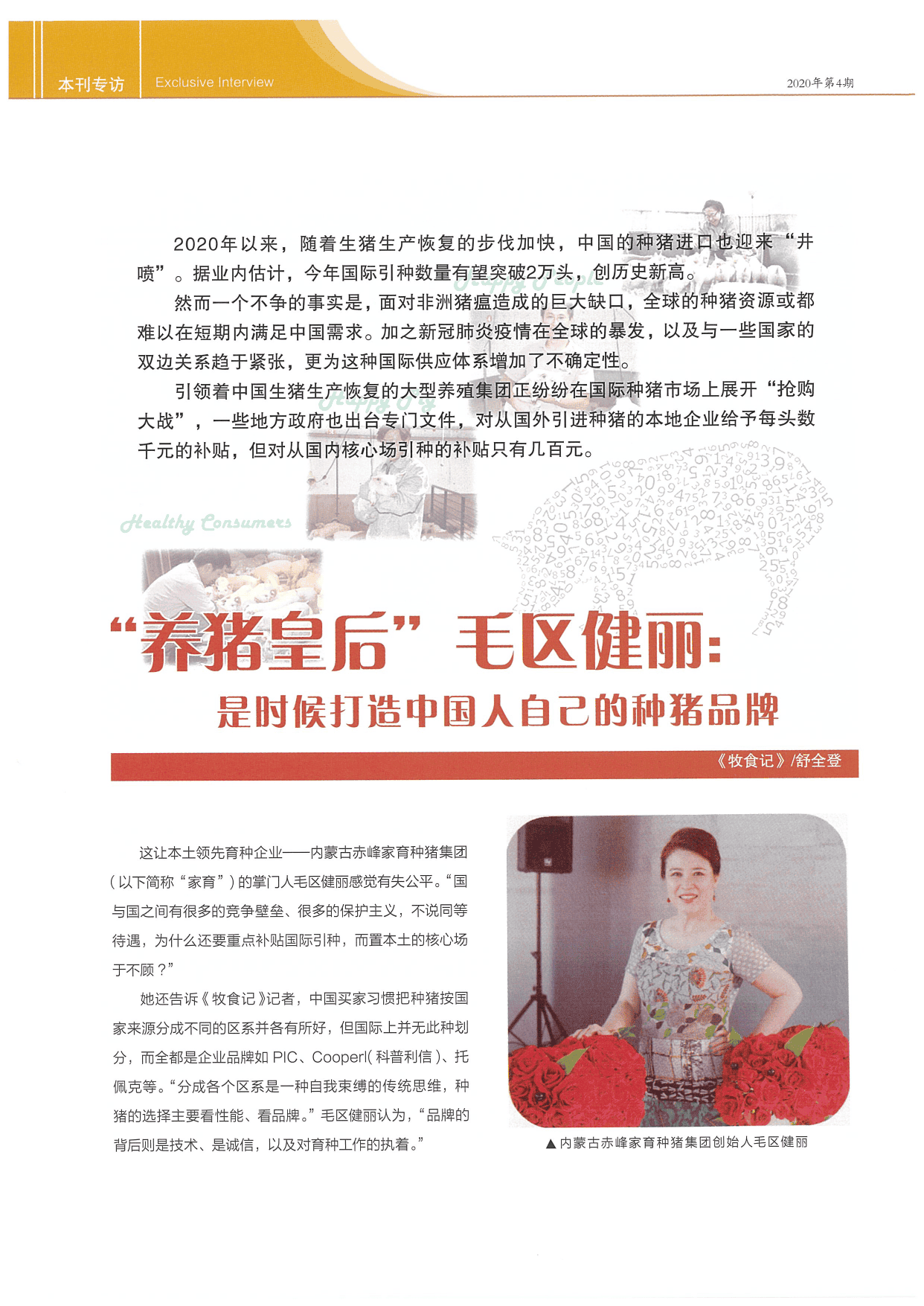 中国猪业关于毛区健丽打造中国人自己的种猪品牌的报道版面
